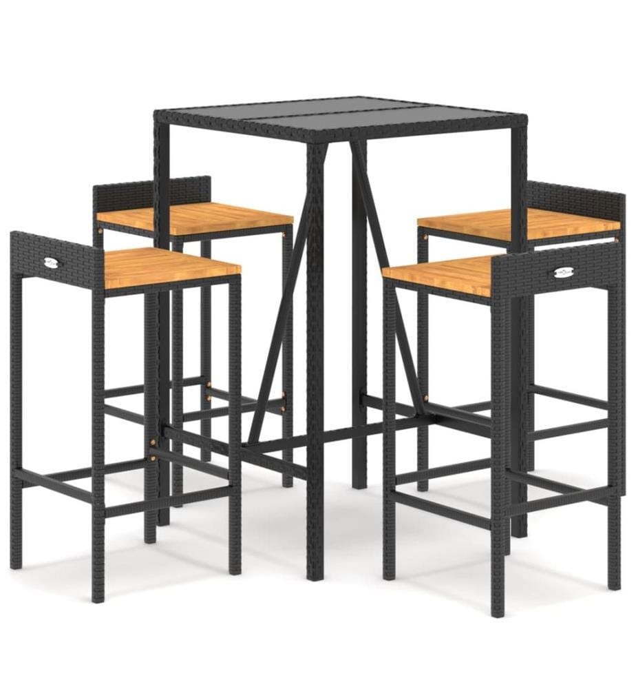 5-tlg. Gartenbar-Set Schwarz Poly Rattan & Massivholz Akazie