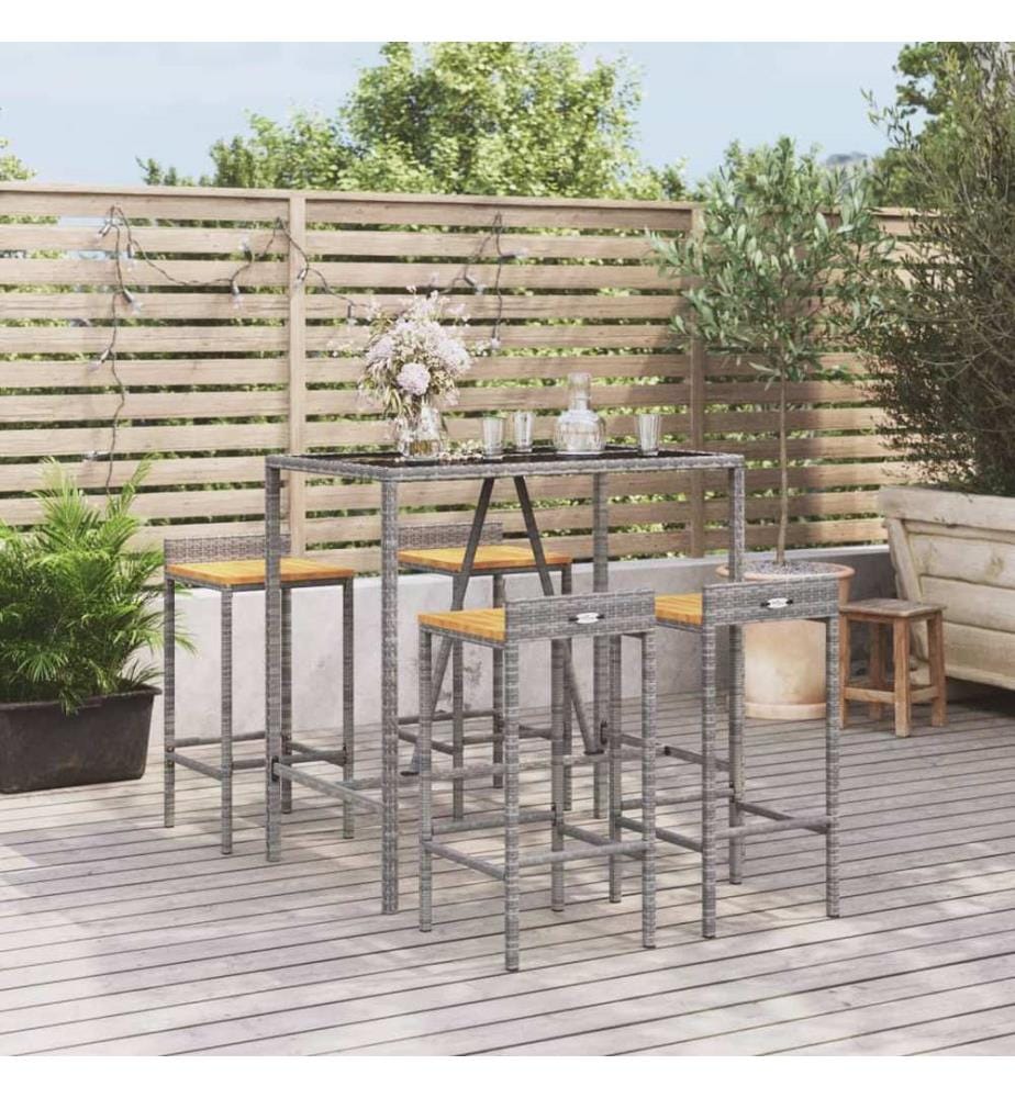 5-tlg. Gartenbar-Set Grau Poly Rattan & Massivholz Akazie