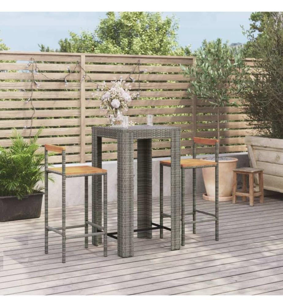 3-tlg. Gartenbar-Set Grau Poly Rattan & Massivholz Akazie