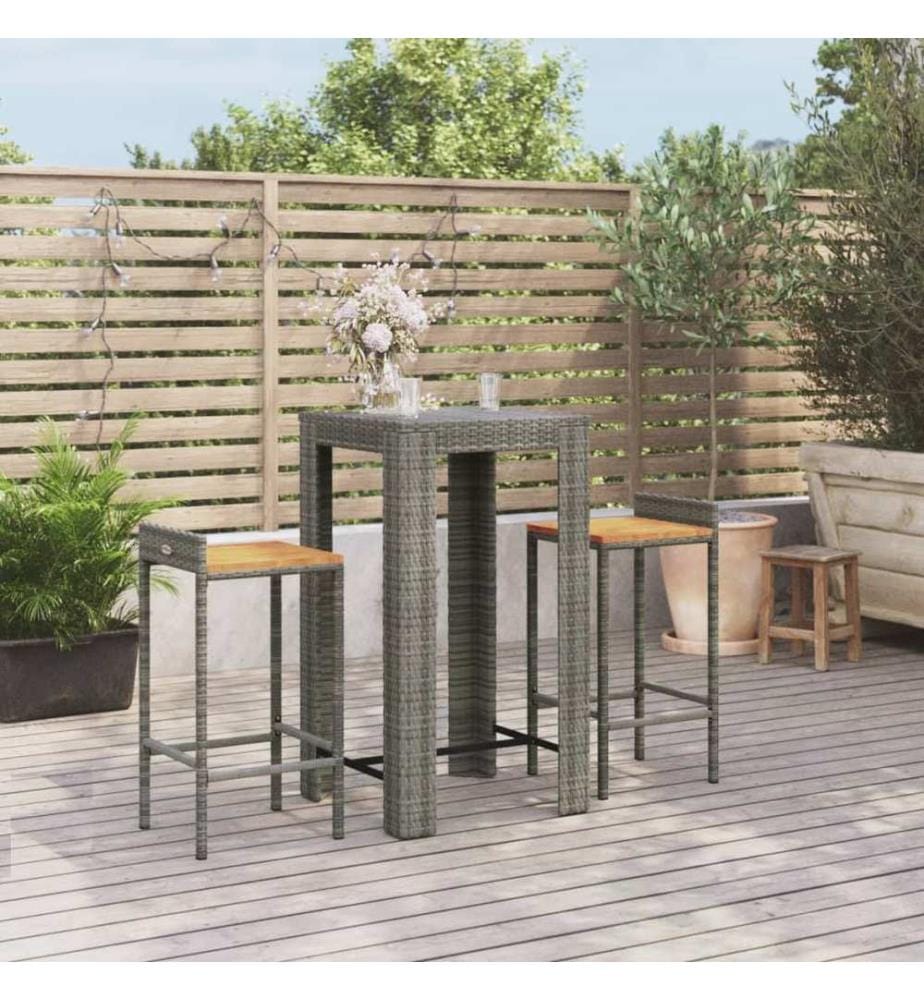 3-tlg. Gartenbar-Set Grau Poly Rattan & Massivholz Akazie