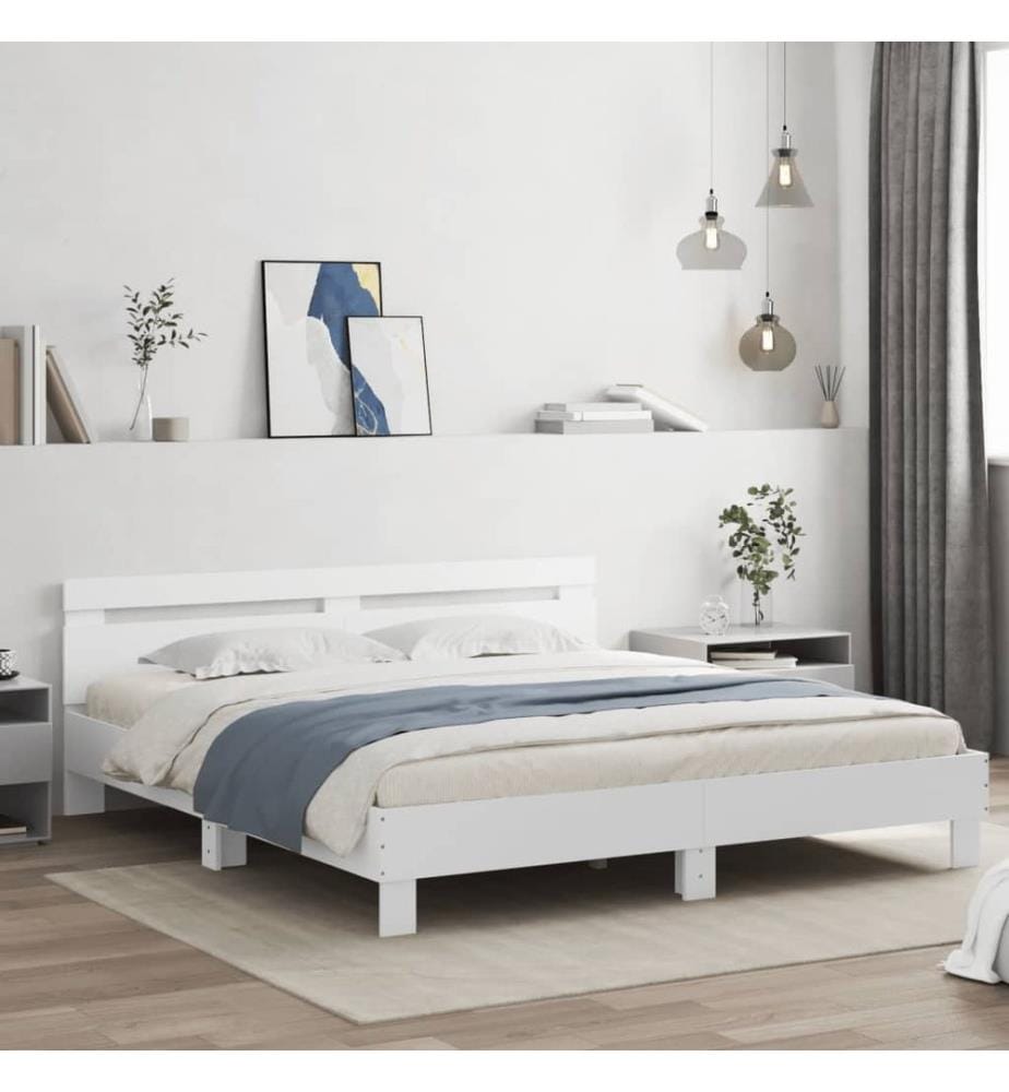 Bettgestell mit Kopfteil und LED-Beleuchtung Weiss 160x200 cm