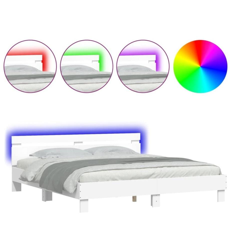 Bettgestell mit Kopfteil und LED-Beleuchtung Weiss 160x200 cm