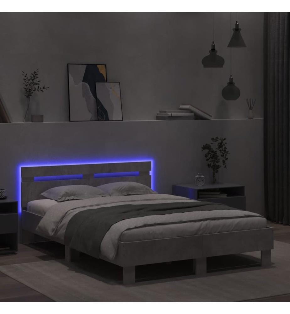 Bettgestell mit Kopfteil LED-Beleuchtung Betongrau 120x200 cm