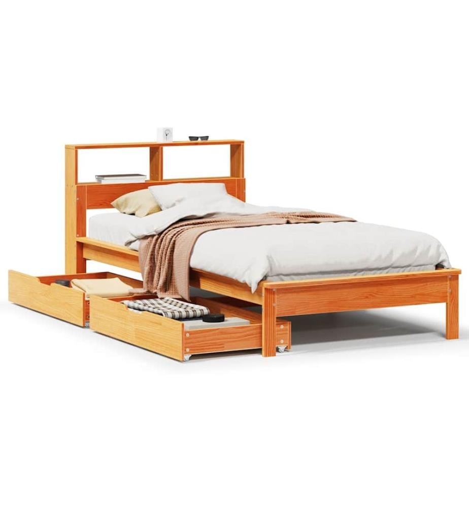 Lit bibliothèque sans matelas cire marron 90x190 cm pin massif