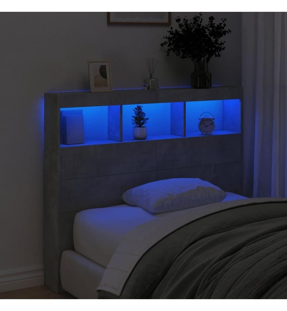 Armoire tête de lit avec LED gris béton 120x17x102 cm