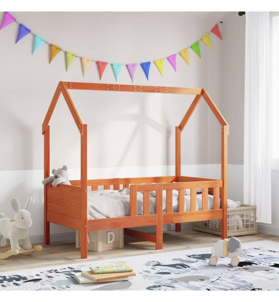 Kinderbett Hausbett Wachsbraun 80x160 cm Massivholz Kiefer