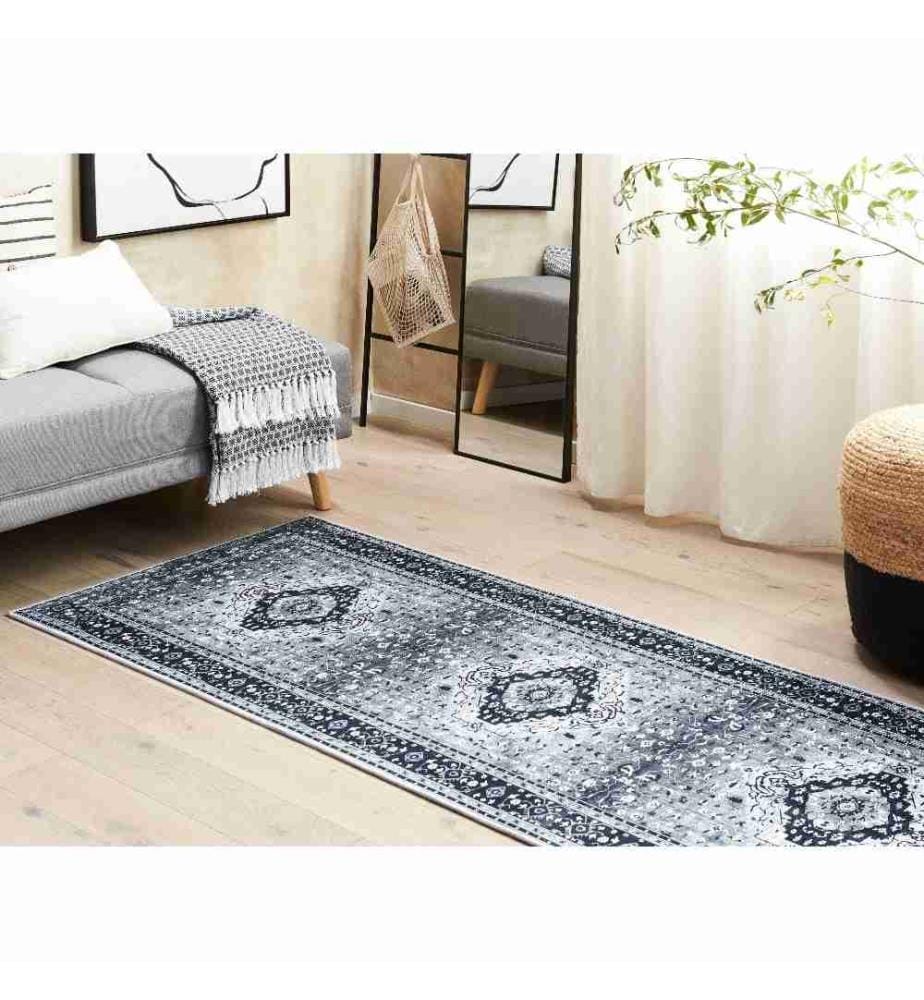 Tapis de Couloir en Polyester Gris Motif Oriental 80 x 200 cm Tapis Entrée Long avec Envers Antidérapant