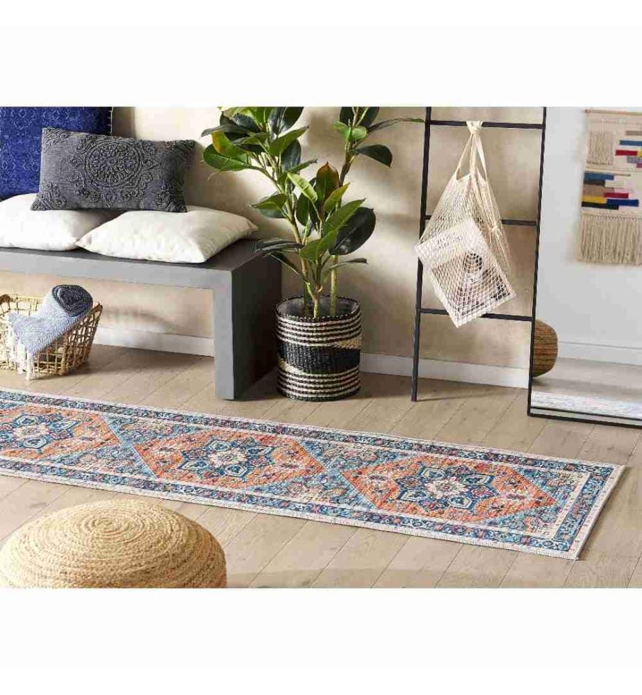 Tapis Bleu et Orange en Polyester 80 x 200 cm Rectangulaire Dessous Anti-Dérapant Convient au Chauffage par le Sol Style Moderne