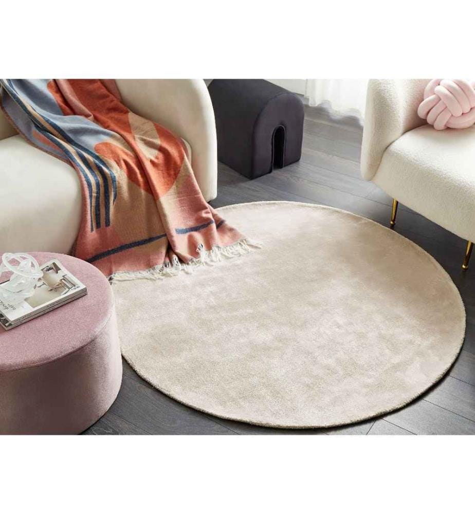 Teppich Hellbeige Viskose 140 cm Kurzflor Rund mit Baumwoll-Unterseite Modern Industrial Einfarbig Handgewebt Wohnzimmer Schlafzimmer