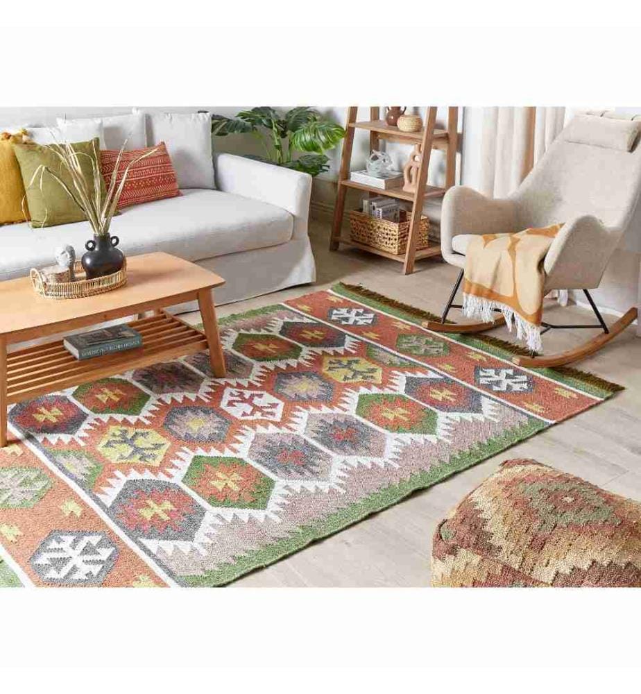 Teppich Mehrfarbig Kunststoff 160x230 cm Rechteckig mit Fransen Kurzflor Indischer Stil Orientalisches Muster für Wohnzimmer Schlafzimmer Flur