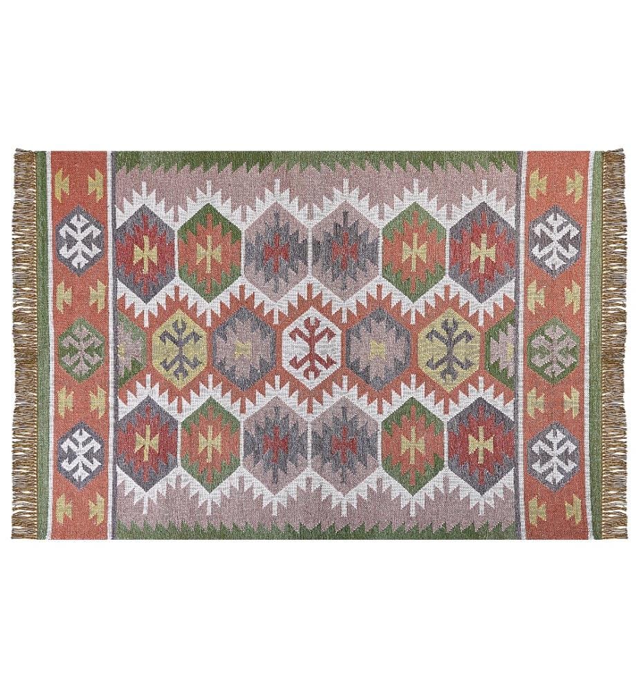 Teppich Mehrfarbig Kunststoff 160x230 cm Rechteckig mit Fransen Kurzflor Indischer Stil Orientalisches Muster für Wohnzimmer Schlafzimmer Flur