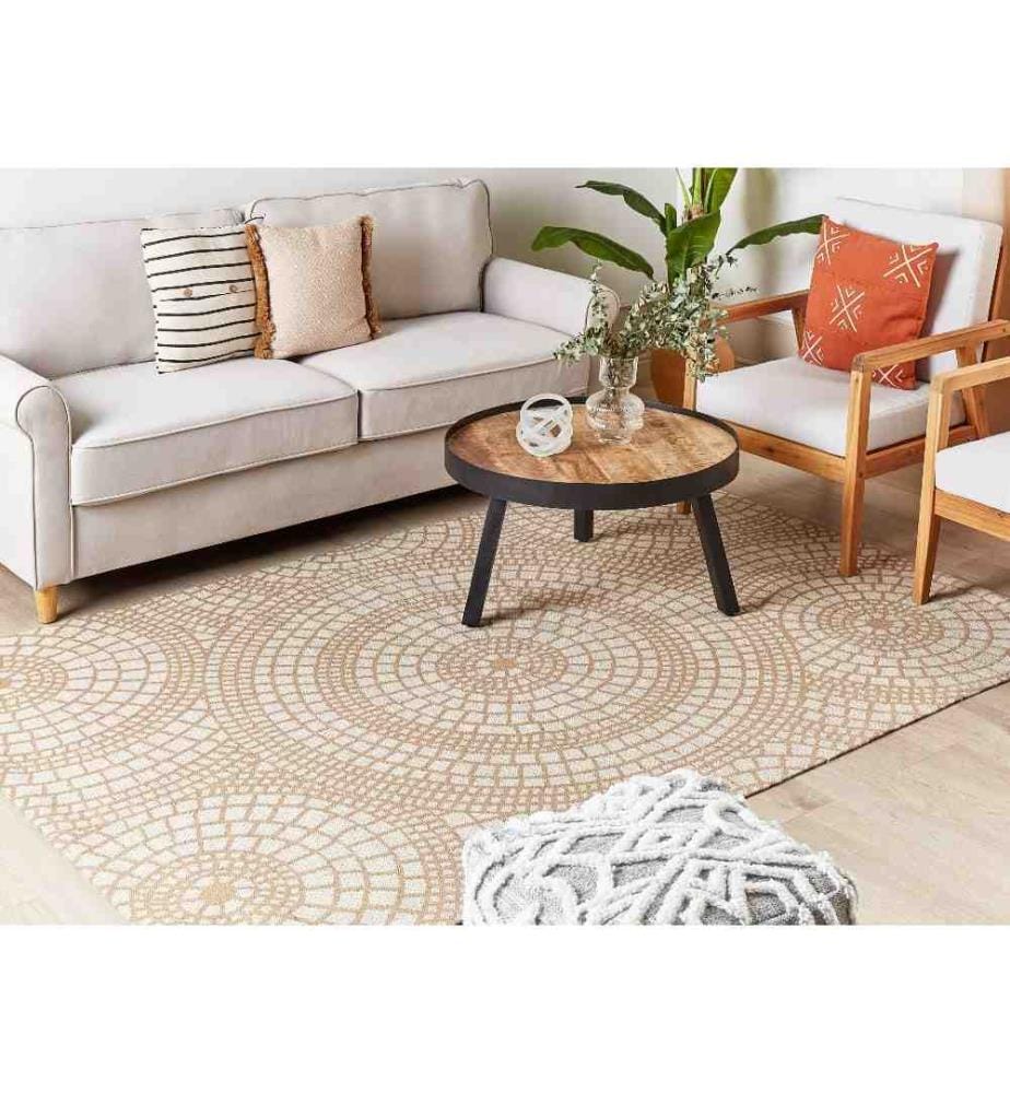 Tapis Beige et Blanc en Jute 200 x 300 cm à Motif Circulaire Poil Ras pour Salon Léger et Robuste pour Tout Type d'Intérieur