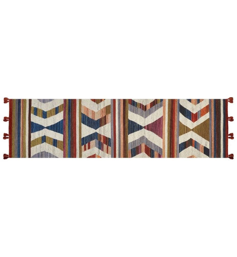 Kelim-Teppich Mehrfarbig Wolle und Baumwolle 80 x 300 cm Läufer mit Quasten Geometrischem Muster Handgewebt Boho Fussbodenheizung Geeignet