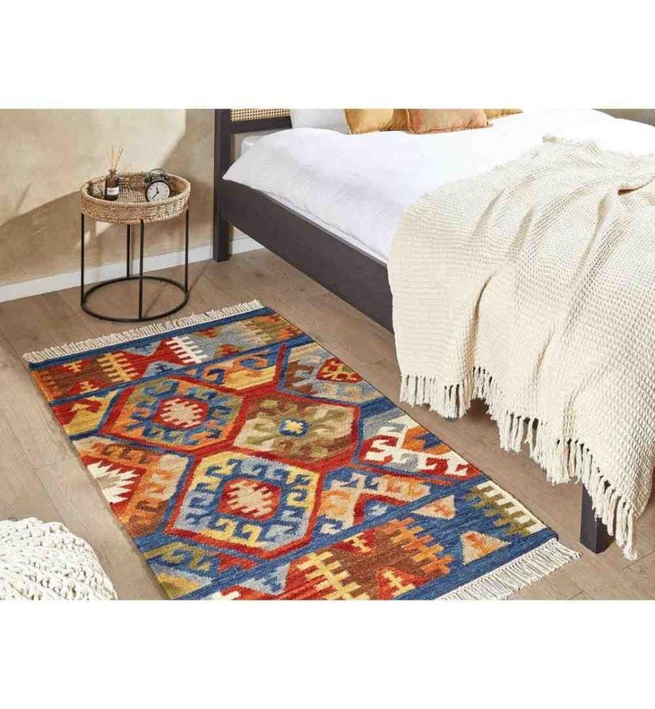 Kelim-Teppich Mehrfarbig Wolle 80 x 150 cm mit Fransen Geometrischem Muster Handgewebt Boho Orientteppich Läufer für Fussbodenheizung Geeignet