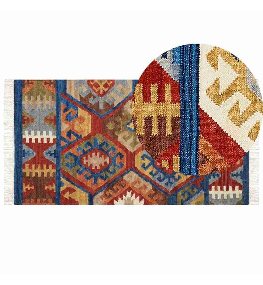 Kelim-Teppich Mehrfarbig Wolle 80 x 150 cm mit Fransen Geometrischem Muster Handgewebt Boho Orientteppich Läufer für Fussbodenheizung Geeignet