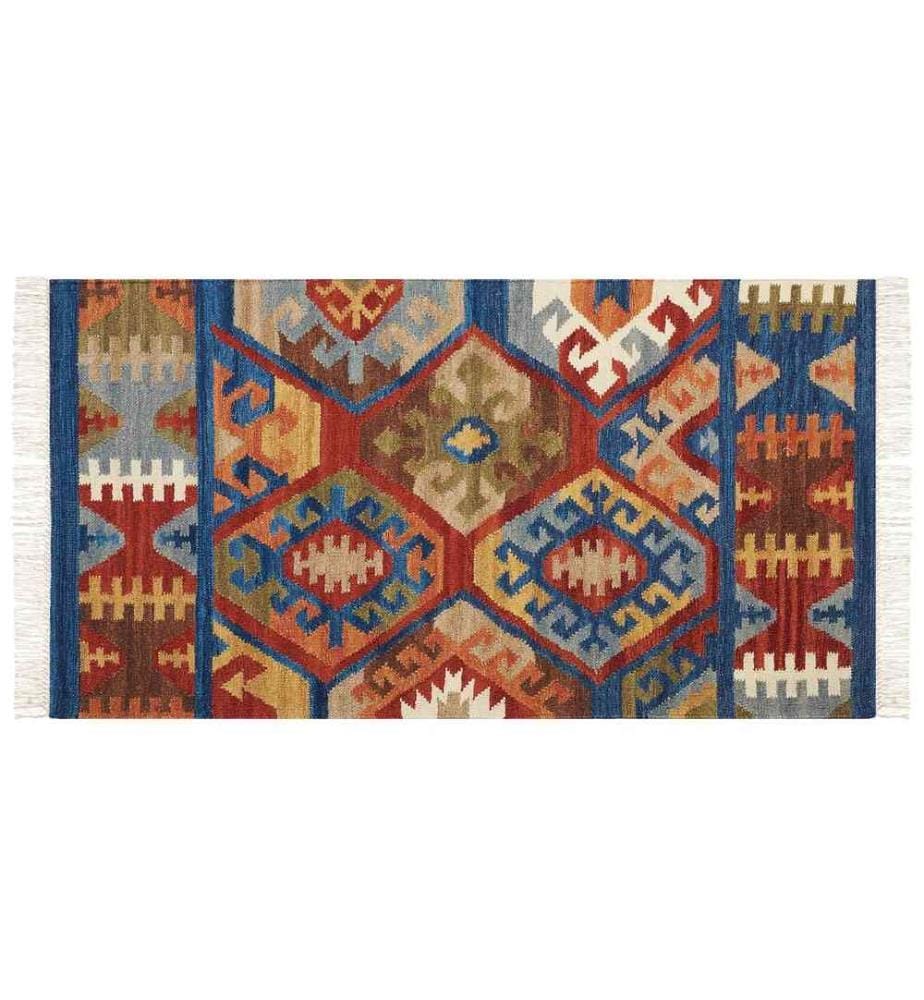 Kelim-Teppich Mehrfarbig Wolle 80 x 150 cm mit Fransen Geometrischem Muster Handgewebt Boho Orientteppich Läufer für Fussbodenheizung Geeignet