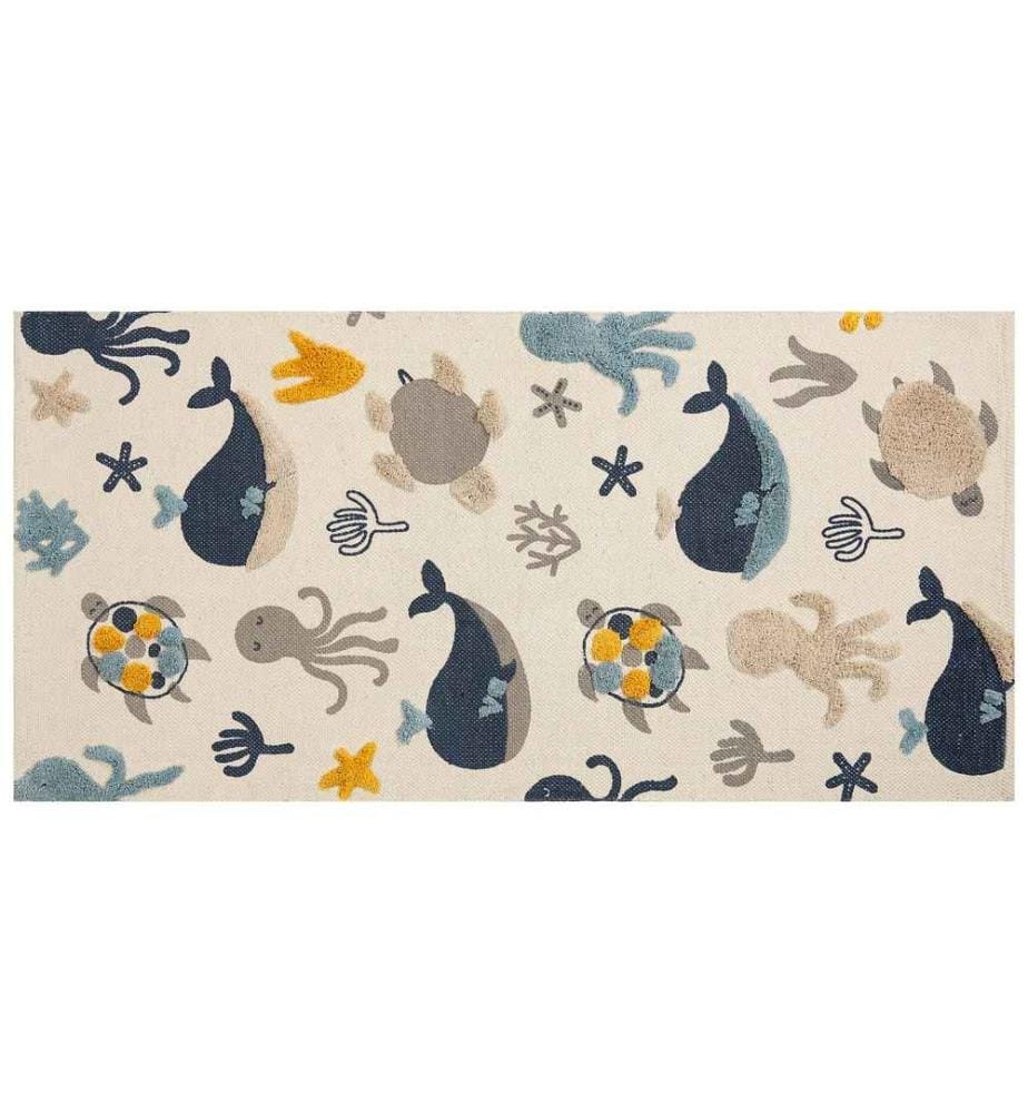Kinderteppich mehrfarbig 80 x 150 cm aus Baumwolle mit Tiermotiv, handgewebt, Spielmatte