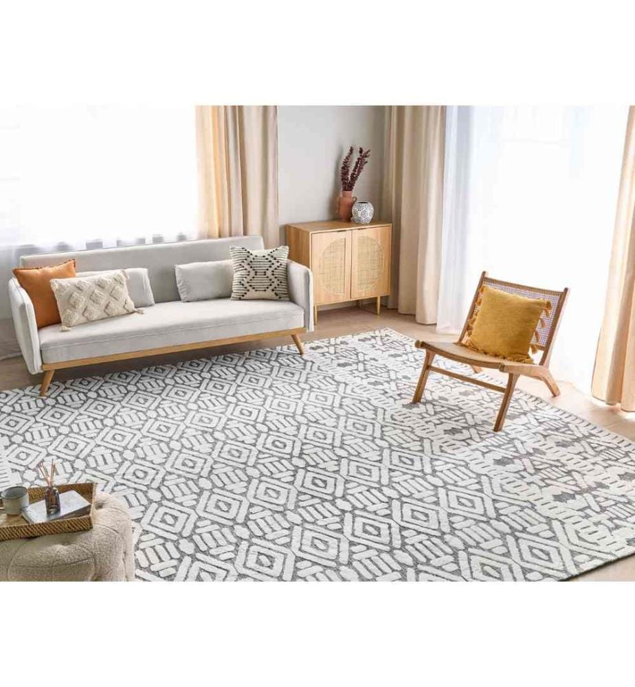 Teppich Weiss und Grau Stoff Rechteckig 300x400 cm Hoch-Tief-Struktur Geometrisches Muster Maschinengewebt Modern Kurzhaar für Fussbodenheizung