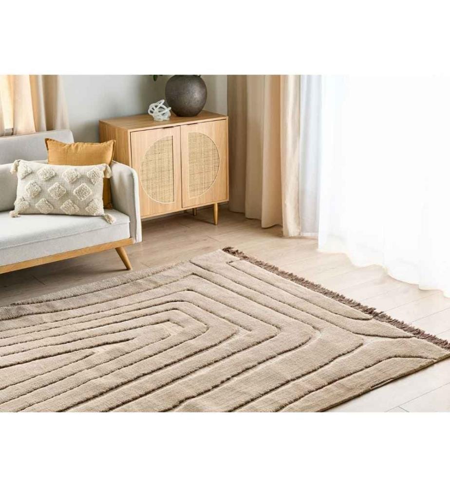 Teppich Beige Stoff Rechteckig 200 x 300 cm mit Hoch-Tief-Struktur Fransen Maschinengewebt Modern Kurzhaar Fussbodenheizung Geeignet Wohnzimmer