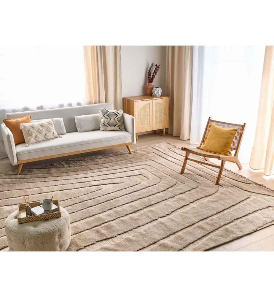 Teppich Beige Stoff Rechteckig 300 x 400 cm mit Hoch-Tief-Struktur Fransen Maschinengewebt Modern Kurzhaar Fussbodenheizung Geeignet Wohnzimmer