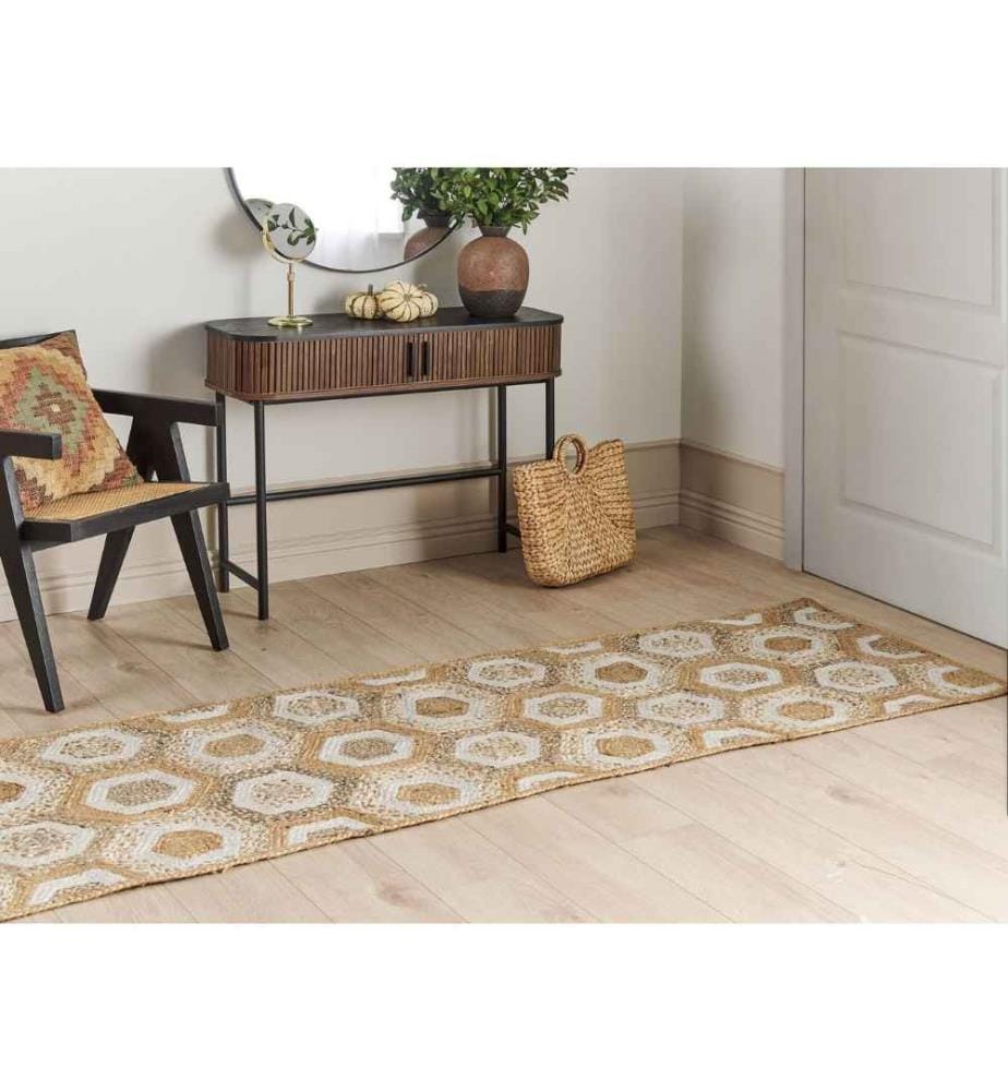 Teppich Beige Jute Rechteckig 80 x 300 cm Geometrisches Muster Handgewebt Boho Stil Kurzhaar Läufer für Fussbodenheizung Flur Diele Ausstattung