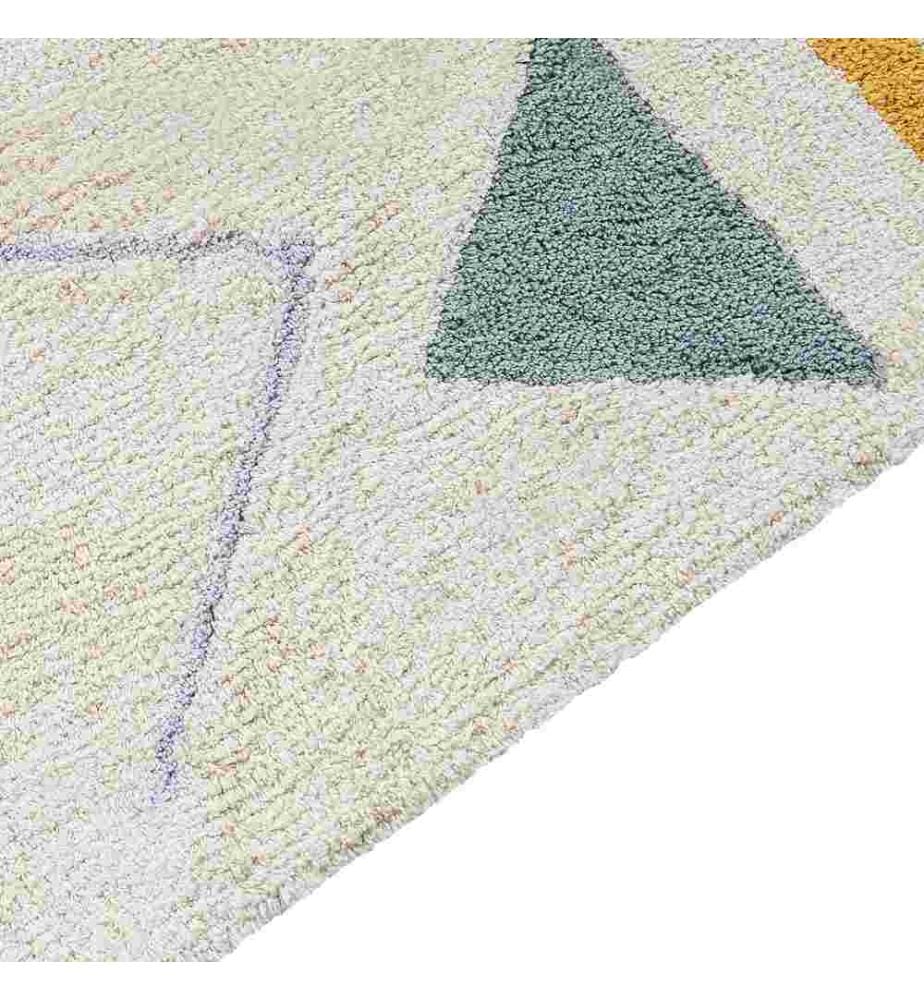 Teppich Beige und Grün Baumwolle Geometrisches Muster 140 x 200 cm Kurzflor Niedrigflor mit Fransen für Kinderzimmer Fussbodenheizung Geeignet