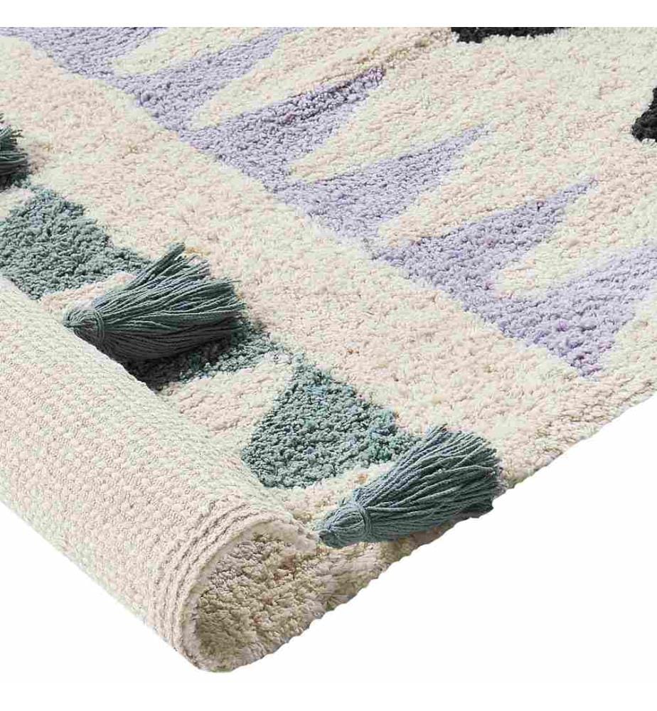 Teppich Beige und Grün Baumwolle Geometrisches Muster 140 x 200 cm Kurzflor Niedrigflor mit Fransen für Kinderzimmer Fussbodenheizung Geeignet