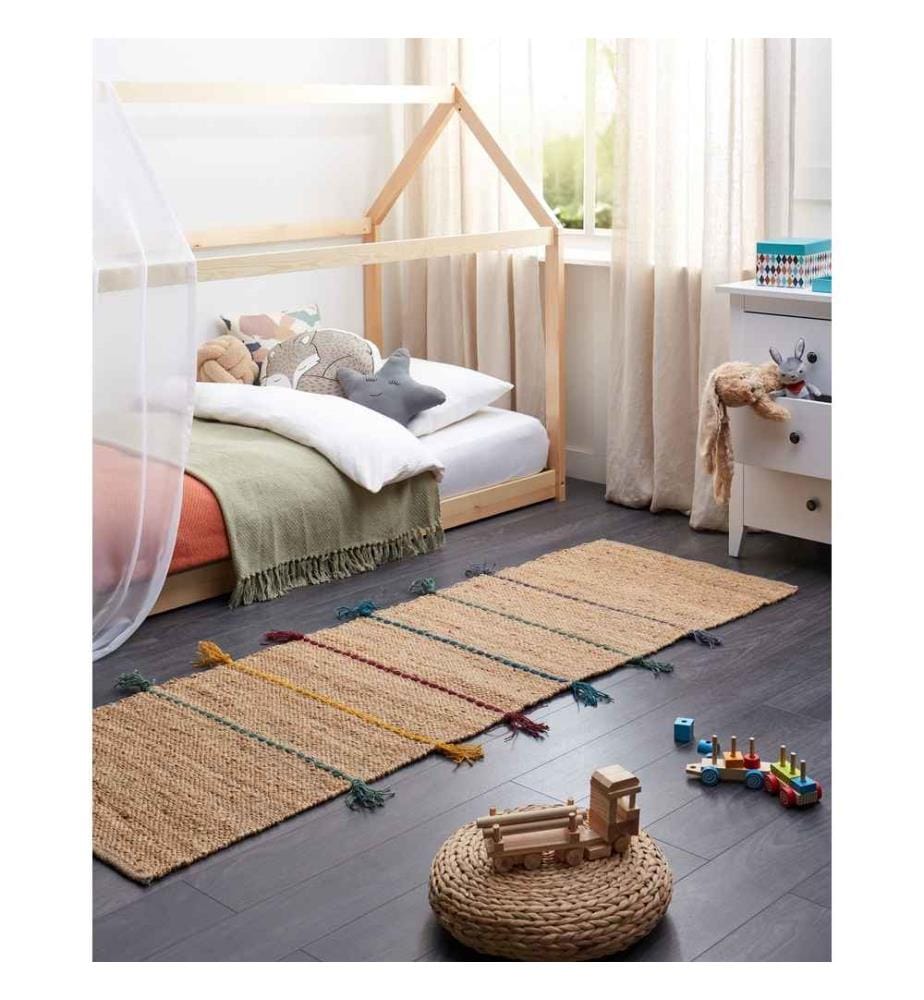 Tapis Beige en Jute 70 x 200 cm Fils colorés Tissé Main Boho pour Chambre d'Enfant Hall d'Entrée Chambre à Coucher