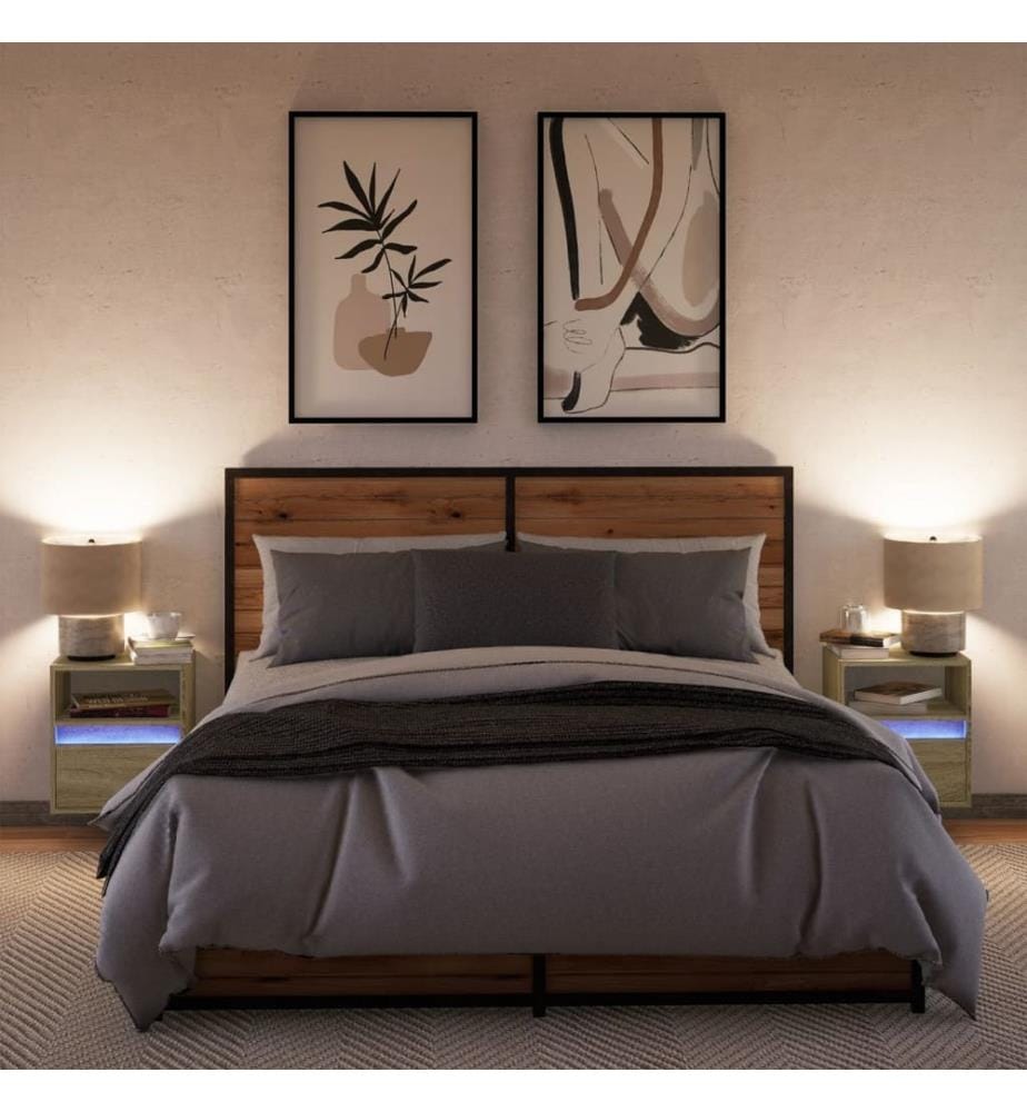 Wand-Nachttische mit LED-Leuchten 2 Stk. Sonoma-Eiche