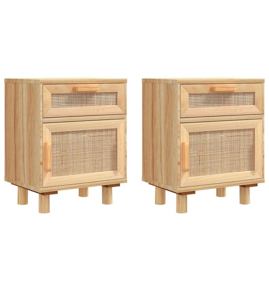 Nachttische 2 Stk. Braun Massivholz Kiefer und Natur-Rattan