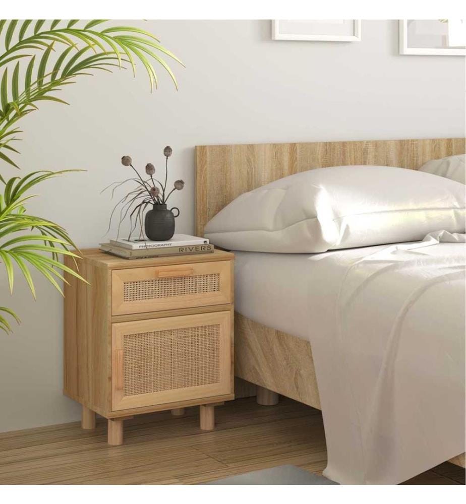 Nachttische 2 Stk. Braun Massivholz Kiefer und Natur-Rattan