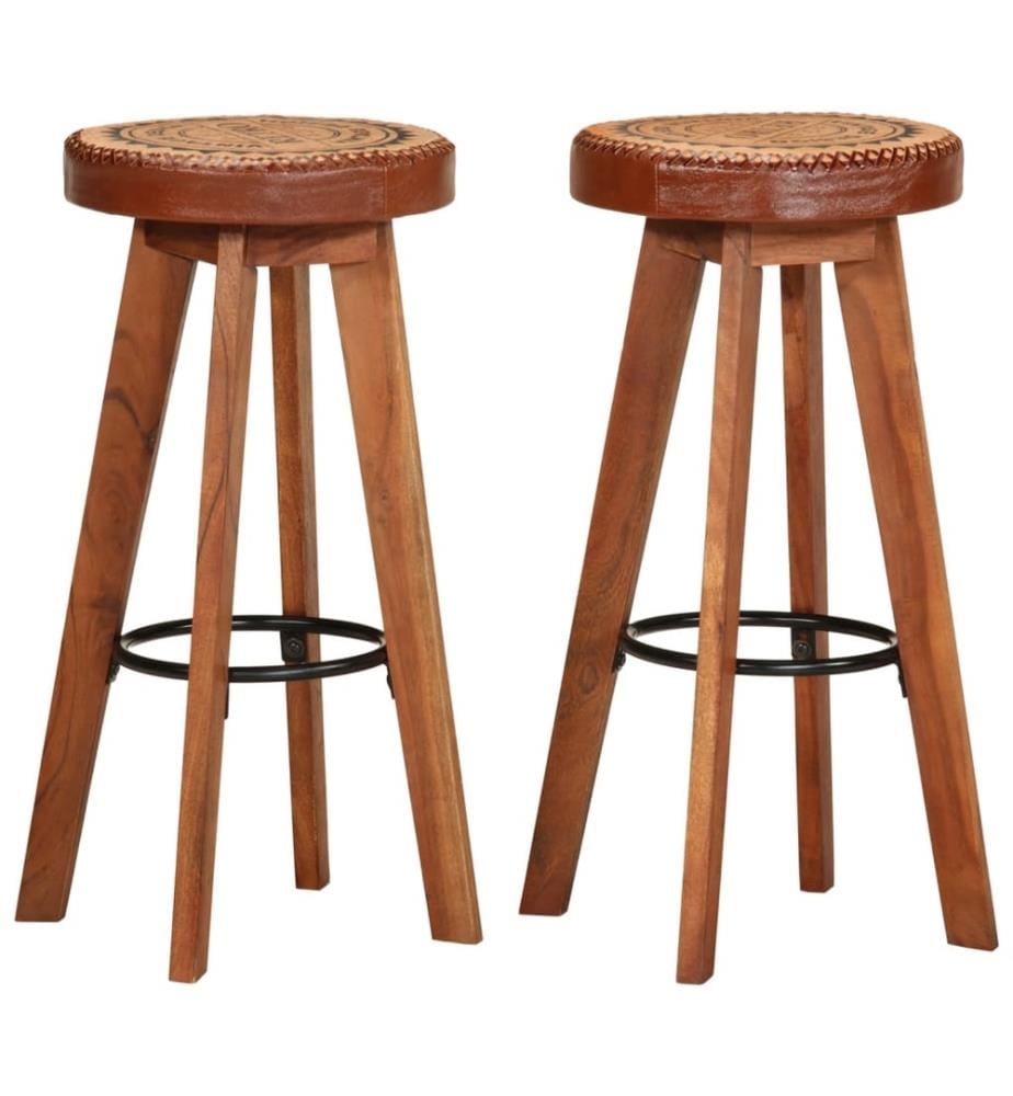 Tabourets de bar 2 pcs Cuir véritable et bois d'acacia solide