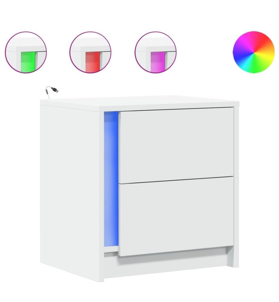 Armoires de chevet et lumières LED 2pcs blanc bois d'ingénierie