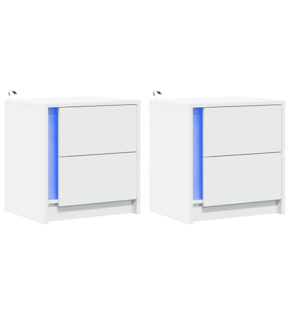 Armoires de chevet et lumières LED 2pcs blanc bois d'ingénierie
