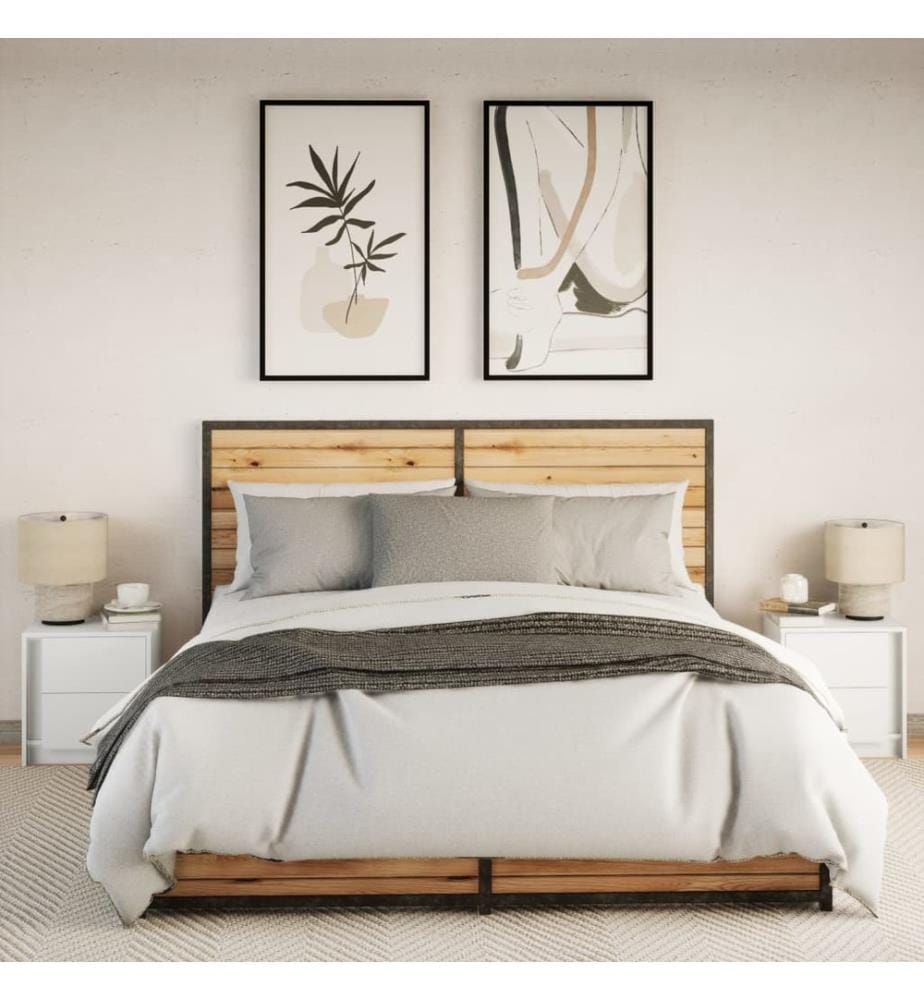 Armoires de chevet et lumières LED 2pcs blanc bois d'ingénierie