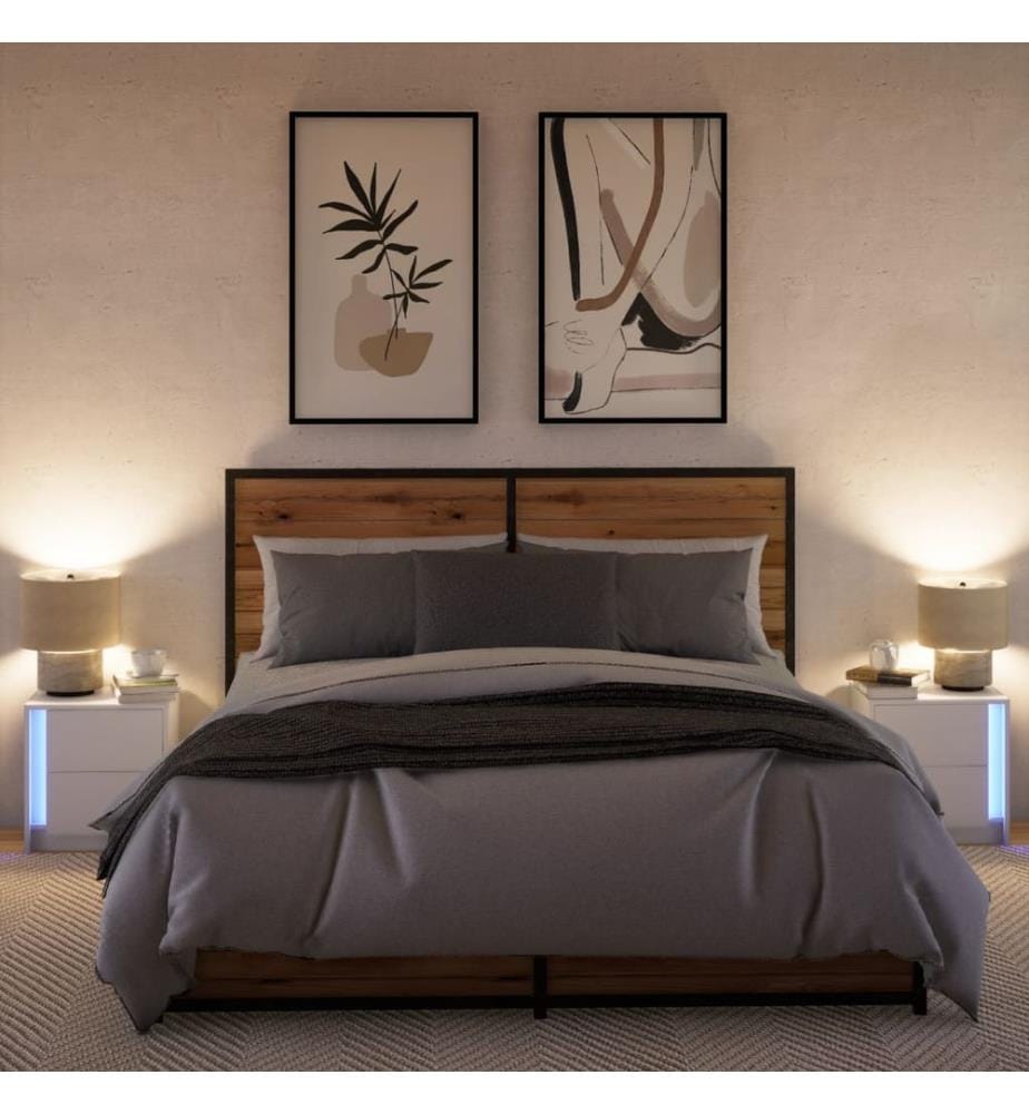 Armoires de chevet et lumières LED 2pcs blanc bois d'ingénierie