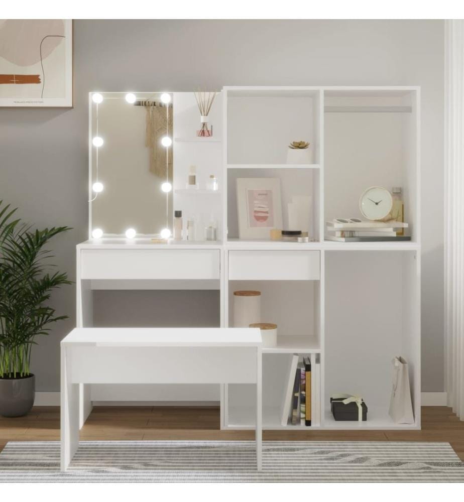 Schminktisch-Set mit LED Weiss Holzwerkstoff