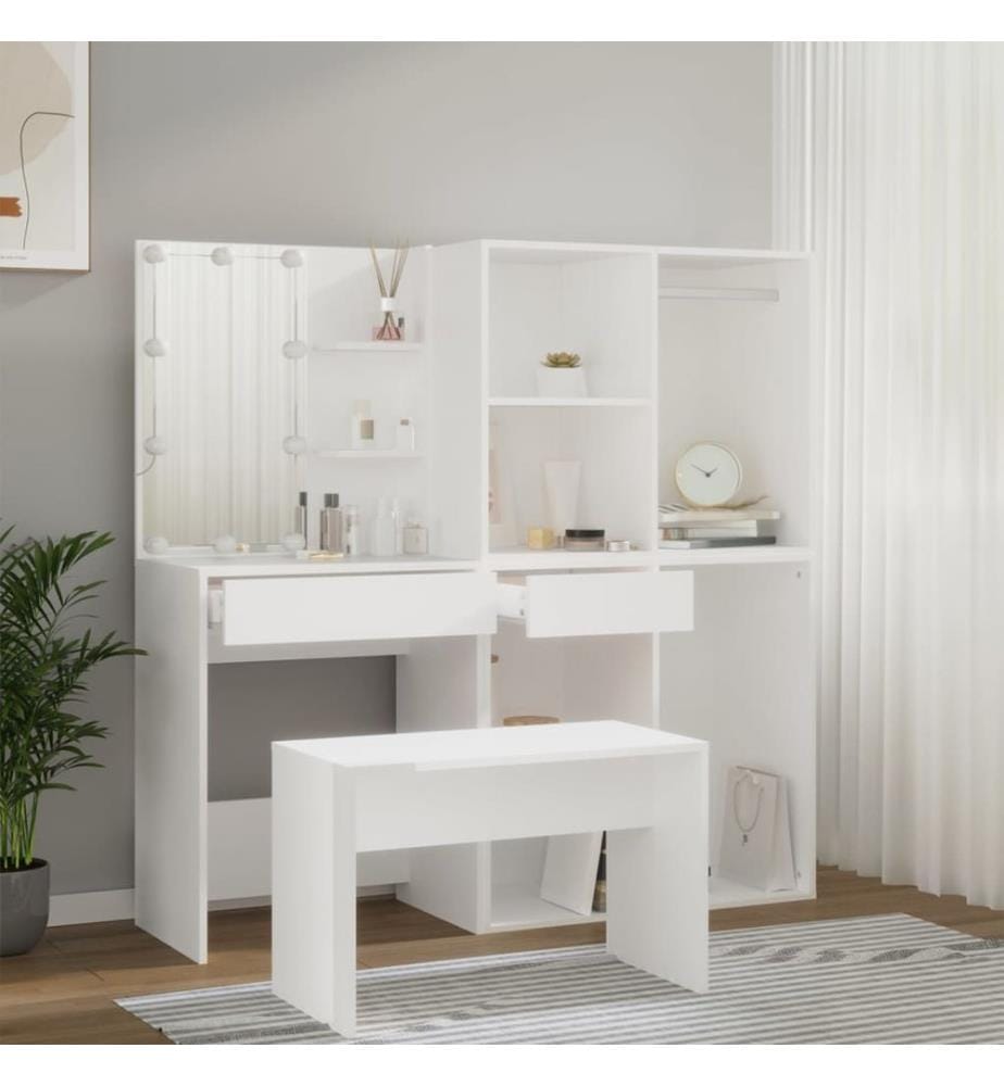 Schminktisch-Set mit LED Weiss Holzwerkstoff