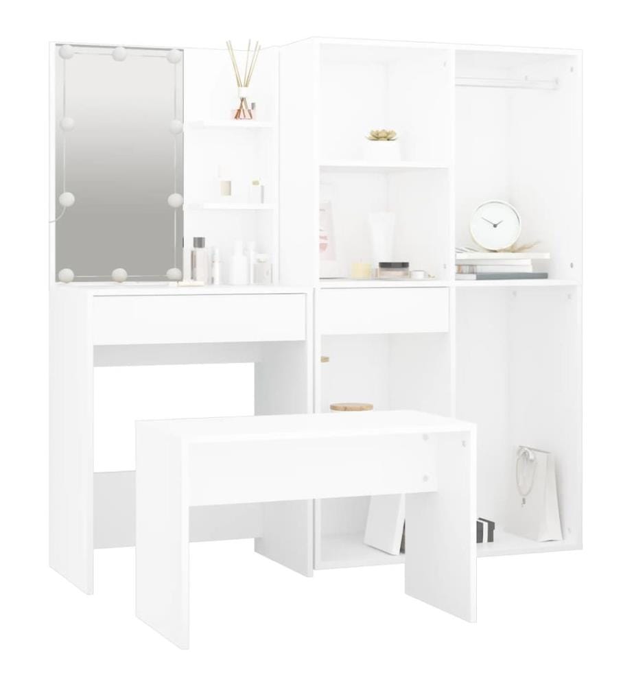 Schminktisch-Set mit LED Weiss Holzwerkstoff