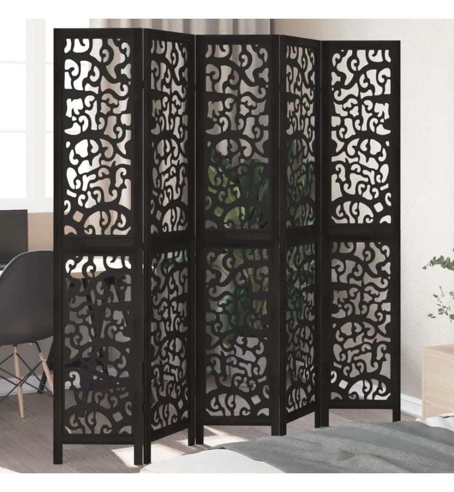 5-tlg. Paravent Schwarz Massivholz Paulownia