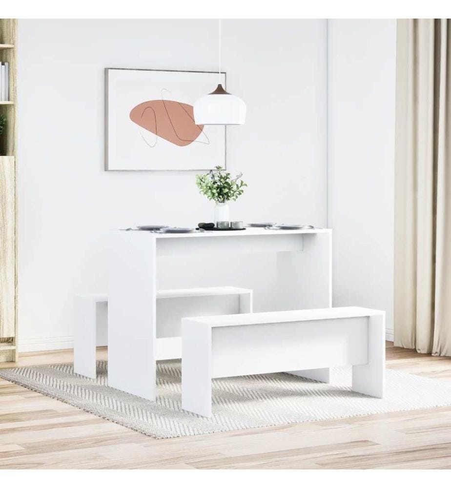 3-tlg. Esstisch und Bank Set Weiss Holzwerkstoff