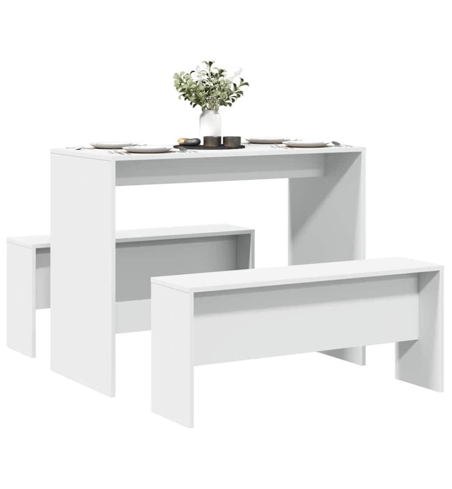 3-tlg. Esstisch und Bank Set Weiss Holzwerkstoff