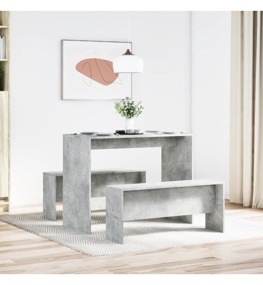 3-tlg. Esstisch und Bank Set Betongrau Holzwerkstoff