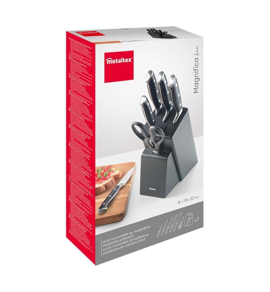 Lot 7 pièces Magnifica - couteaux/ciseaux + bloc bois inox/plastique
