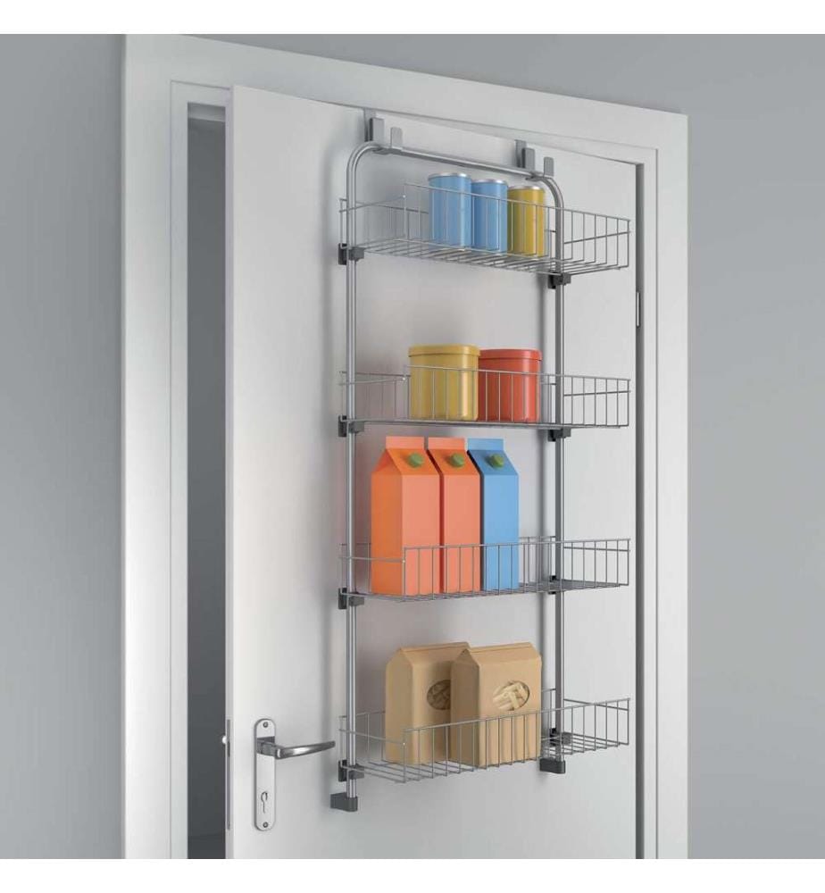 "Baskets@door" 4-Tier over-the-door storage solution für zusätzlichen Stauraum in Küche, Bad, Hauswirtschaftsraum, mit 4 breiten Einlegeböden. Geeignet zum Einhängen in Türfälze von 2-4 cm, epoxysilber