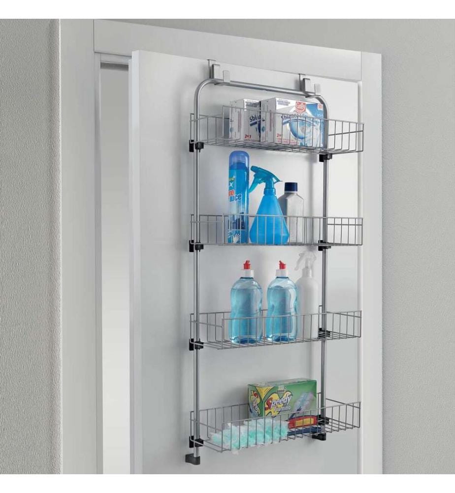 "Baskets@door" 4-Tier over-the-door storage solution für zusätzlichen Stauraum in Küche, Bad, Hauswirtschaftsraum, mit 4 breiten Einlegeböden. Geeignet zum Einhängen in Türfälze von 2-4 cm, epoxysilber