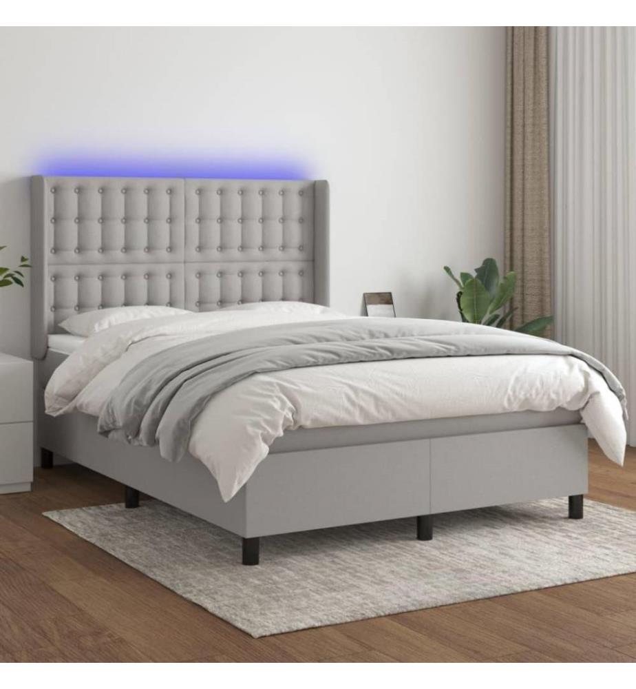Boxspringbett mit Matratze & LED Hellgrau 140x190 cm Stoff