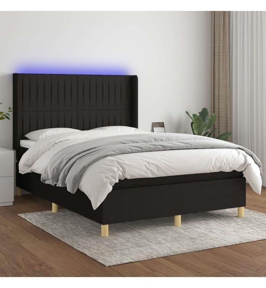 Sommier tapissier avec matelas et LED Noir 140x190 cm Tissu