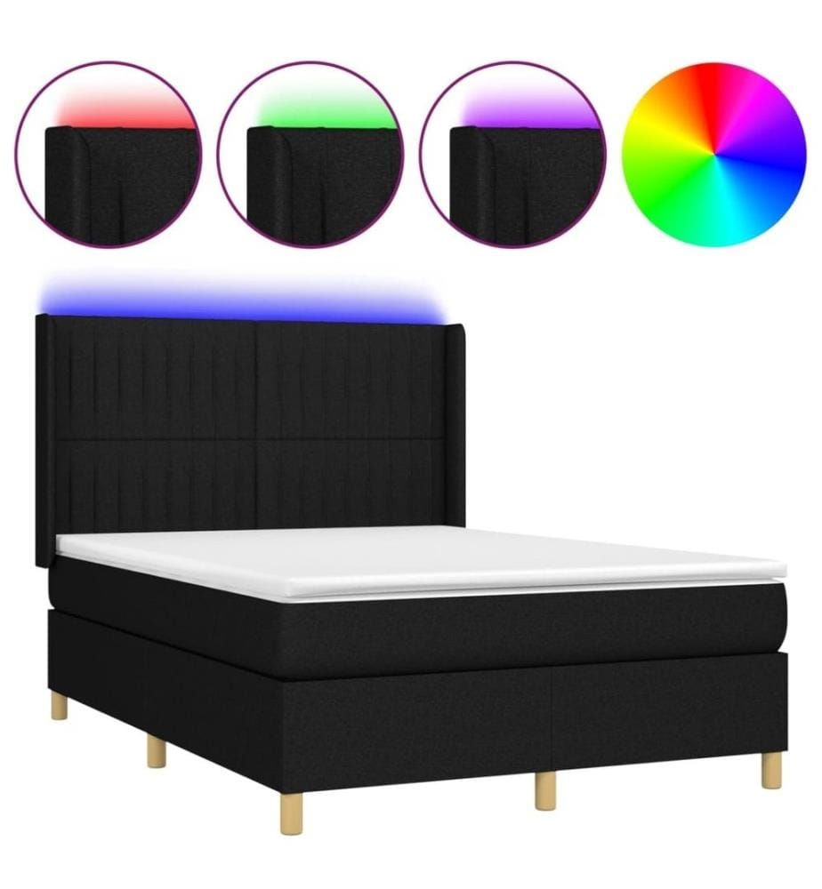Sommier tapissier avec matelas et LED Noir 140x190 cm Tissu