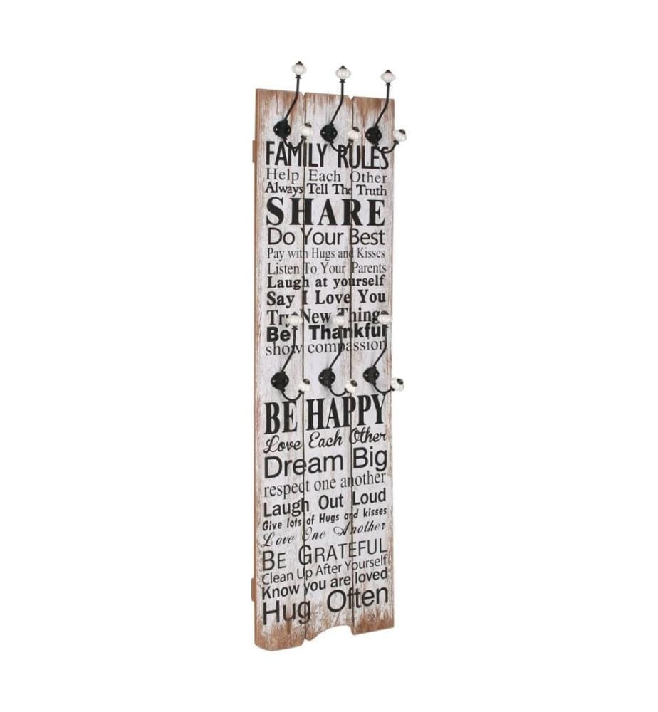 Wandgarderobe mit 6 Haken 120 x 40 cm "FAMILY RULES"